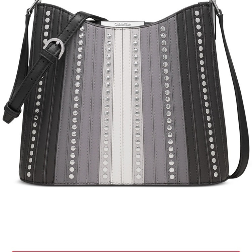 Calvin Klein Black, Gray, and White Striped Shoulder Bag